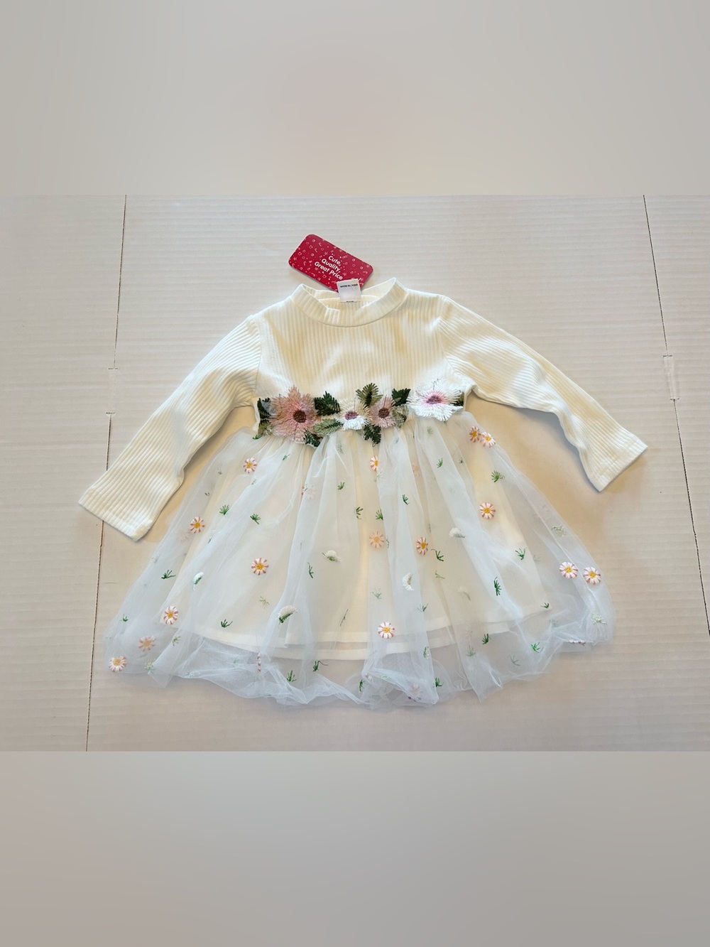 NEW Bay Girl White Ribbed Long Sleeve Floral Embroidered Mesh Dress 12-18M
